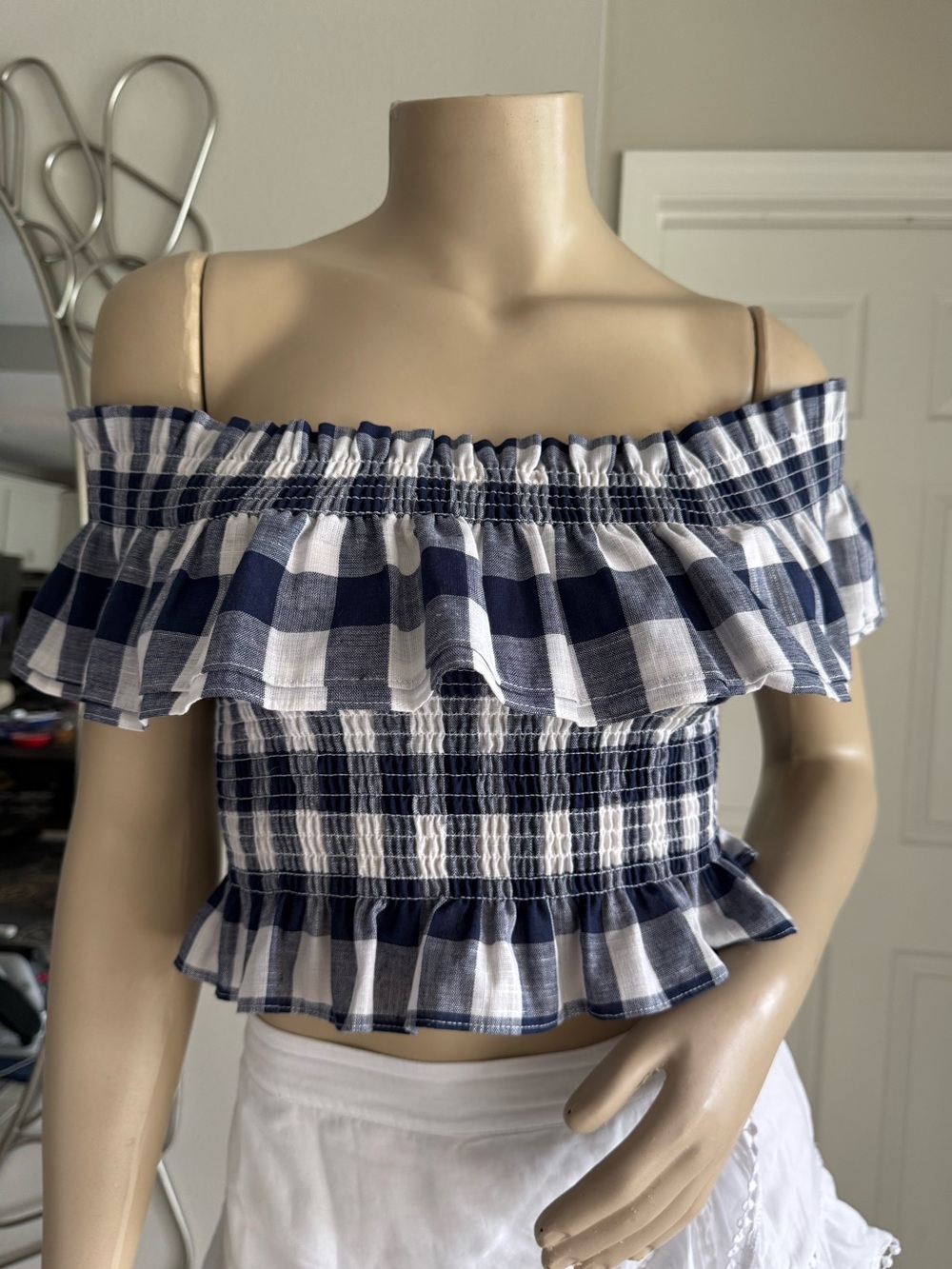 Hutch Off-Shoulder Navy and White Gingham Ruffle Crop Top